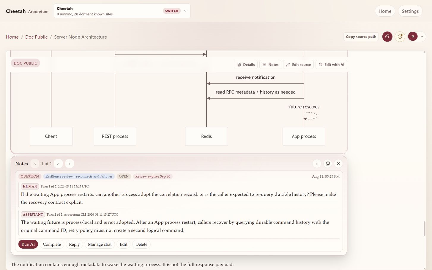 A question and an assistant's answer about restart recovery, attached beneath the sequence diagram they are about, which stays visible above the exchange
