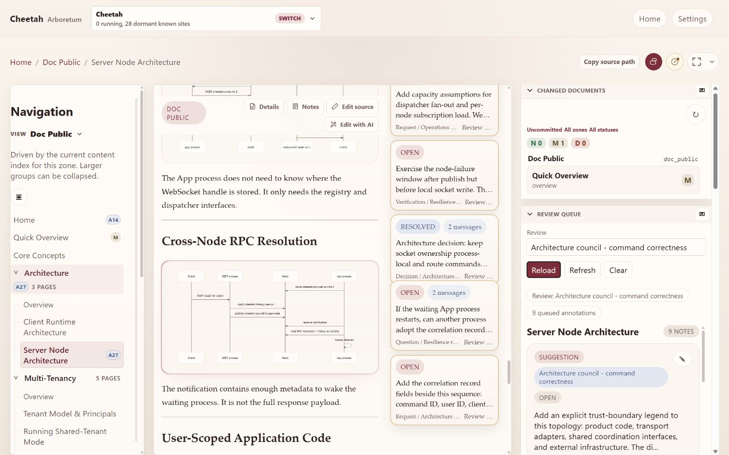 A review queue titled "Architecture council — command correctness" holding nine queued notes, beside the document they were written on