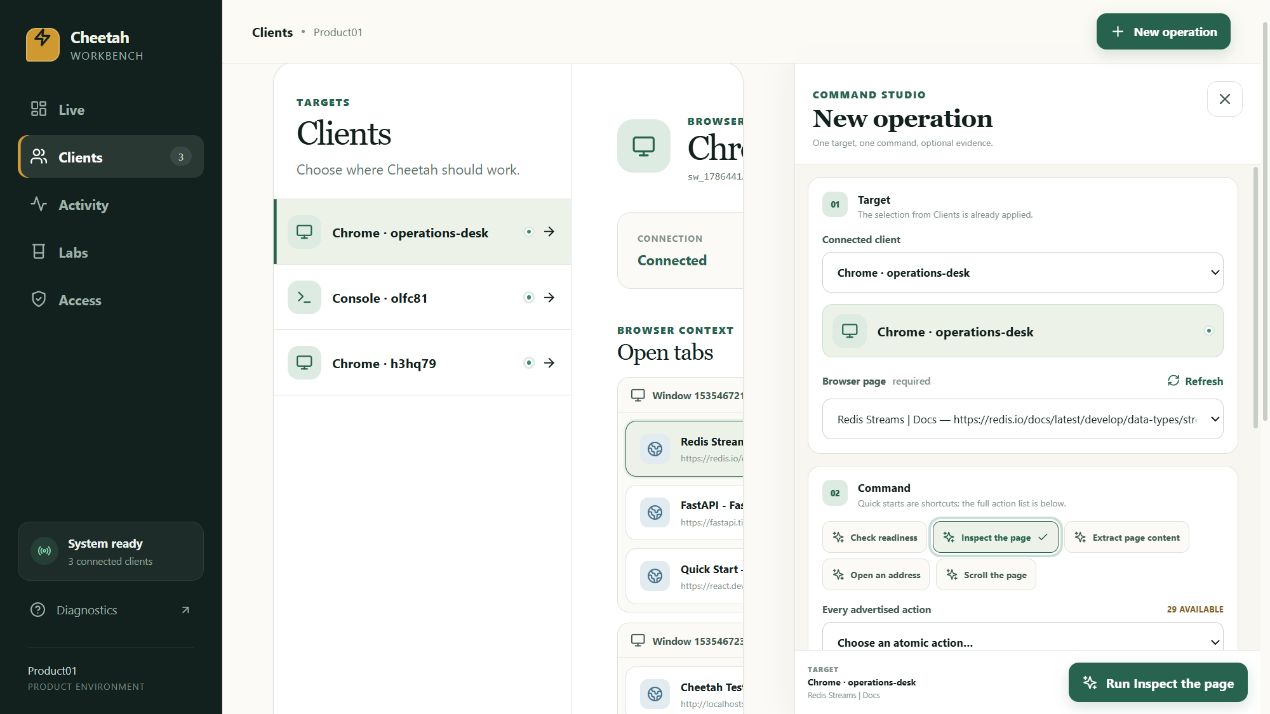 The command studio panel with a connected client and browser page selected and the inspect-page recipe chosen