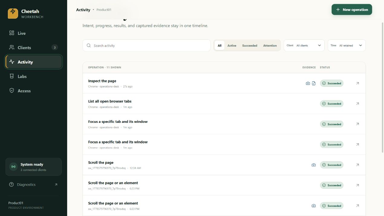 A searchable activity list of inspect, list-tabs, focus and scroll operations with their clients, ages, evidence icons and outcomes