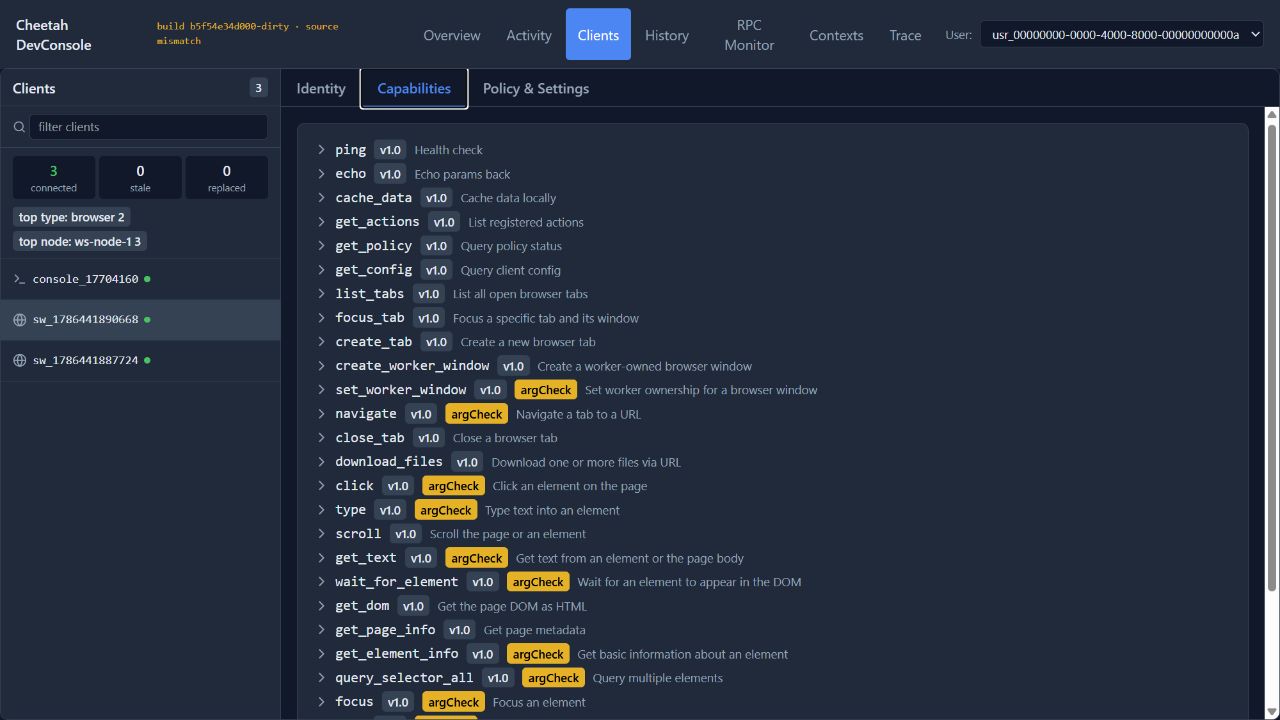 A list of the actions a connected client advertises, each with a version and, where it applies, an argument-validation badge