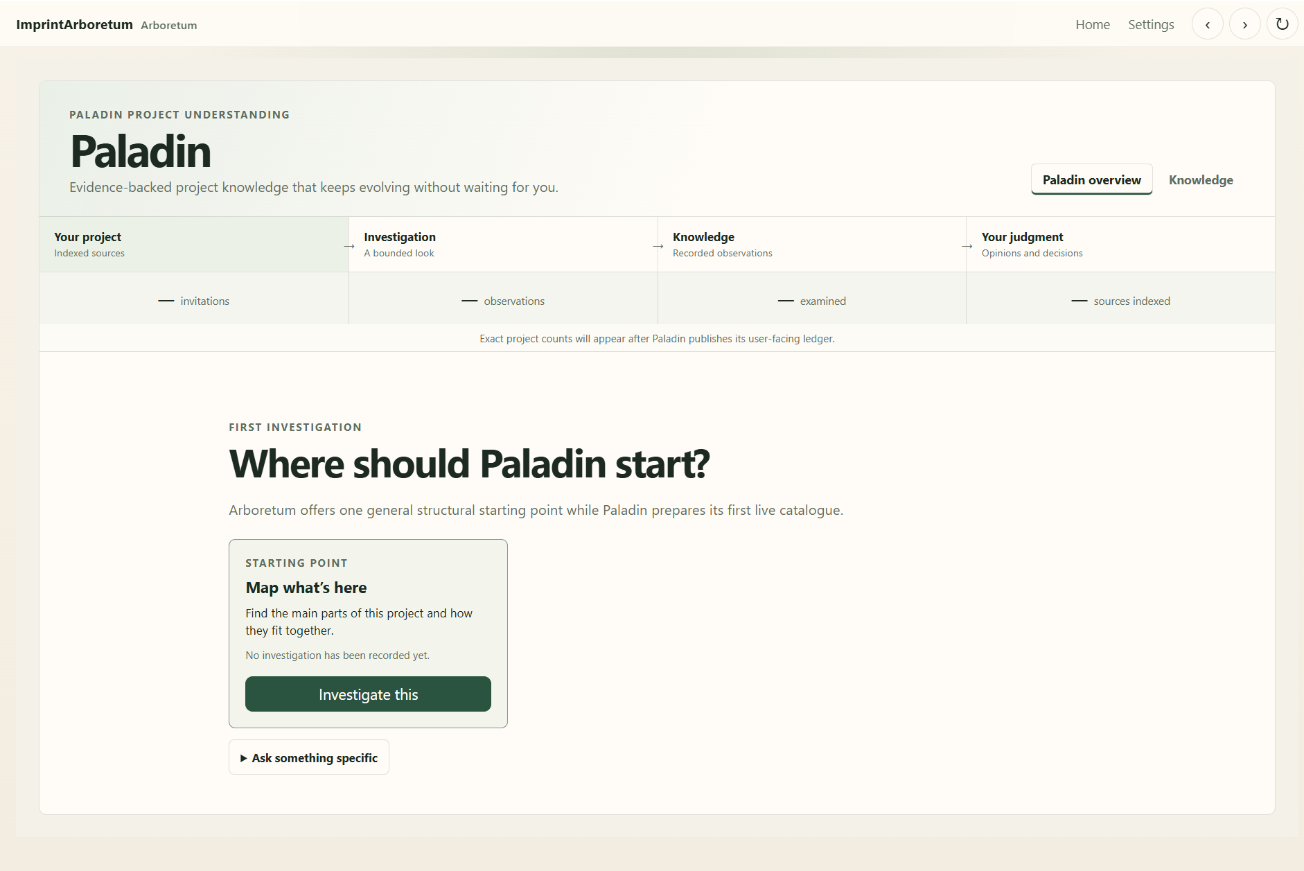 Paladin inside Arboretum offering one bounded first investigation, with empty counters for invitations, observations, examined sources and indexed sources